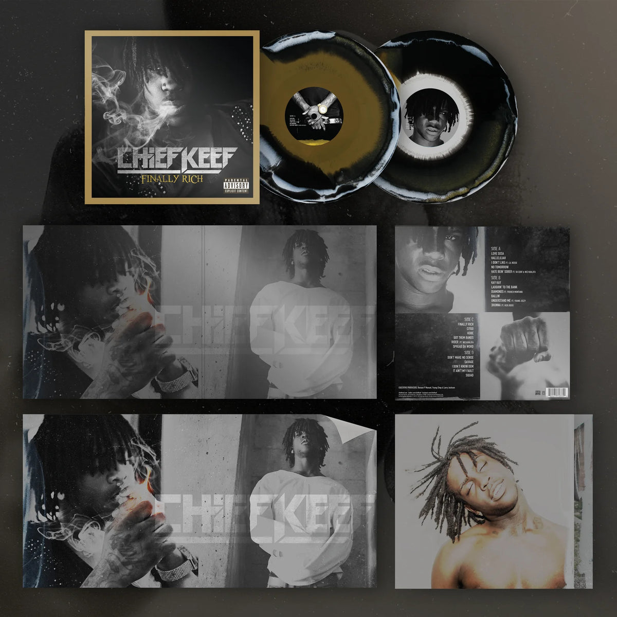 Chief Keef - Finally Rich Deluxe Black, Gold, and White 3 Color Mix Vinyl Record 2LP